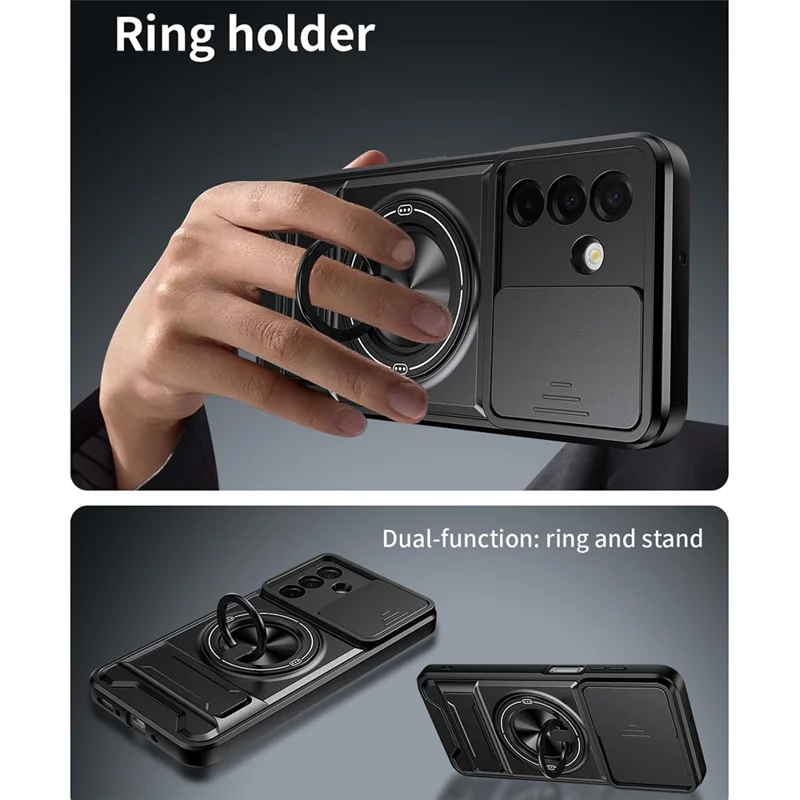 For Samsung Galaxy A26 5G Magnetic Case Ring Holder Foldable Kickstand TPU PC Phone Cover with Camera Lens Slider - Black