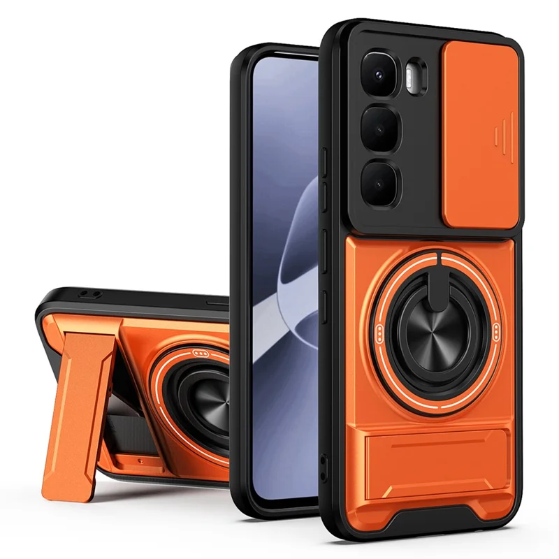 For Infinix Hot 60 Pro 4G Magnetic Case Ring Holder Foldable Kickstand TPU PC Phone Cover with Camera Lens Slider - Orange