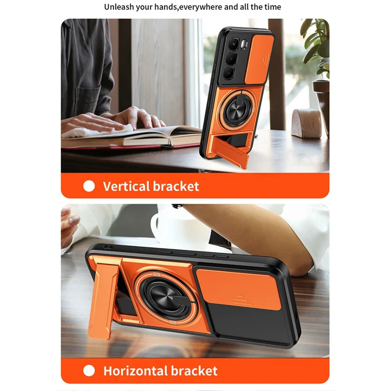 For Infinix Hot 60 Pro 4G Magnetic Case Ring Holder Foldable Kickstand TPU PC Phone Cover with Camera Lens Slider - Orange