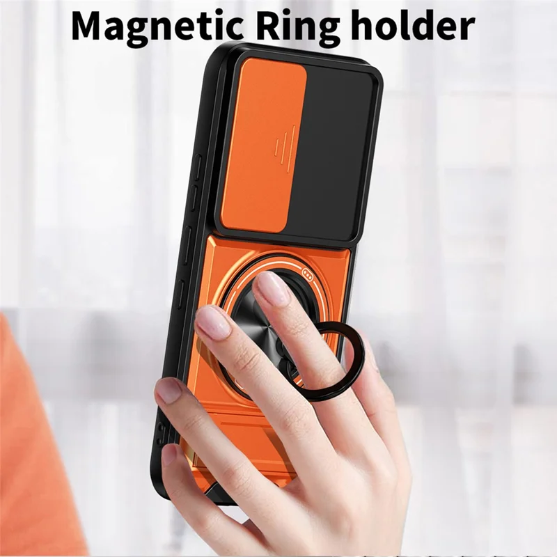 For Infinix Hot 60 Pro 4G Magnetic Case Ring Holder Foldable Kickstand TPU PC Phone Cover with Camera Lens Slider - Orange