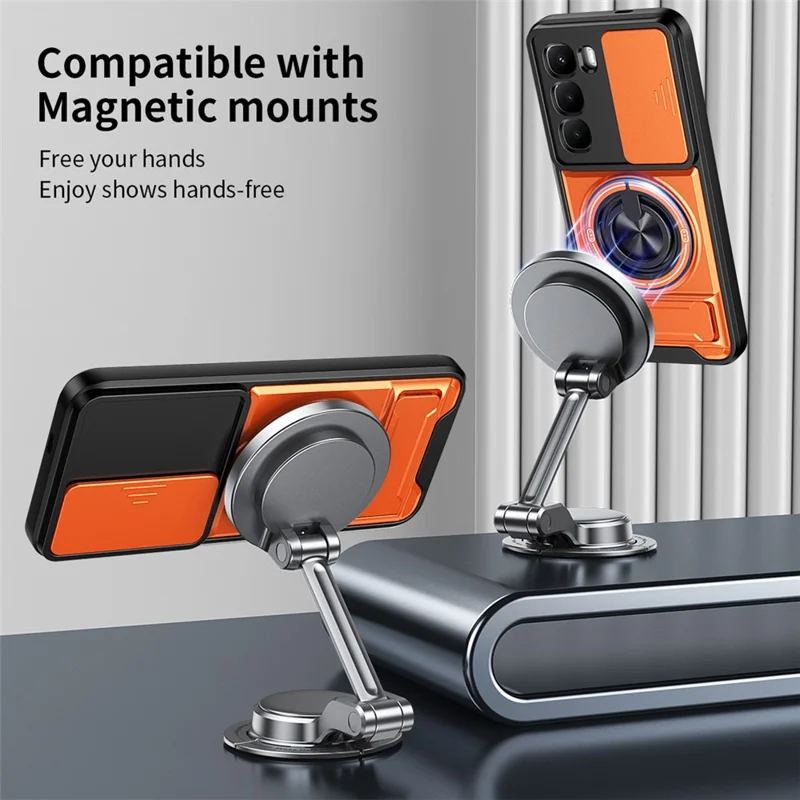 For Infinix Hot 60 Pro 4G Magnetic Case Ring Holder Foldable Kickstand TPU PC Phone Cover with Camera Lens Slider - Orange