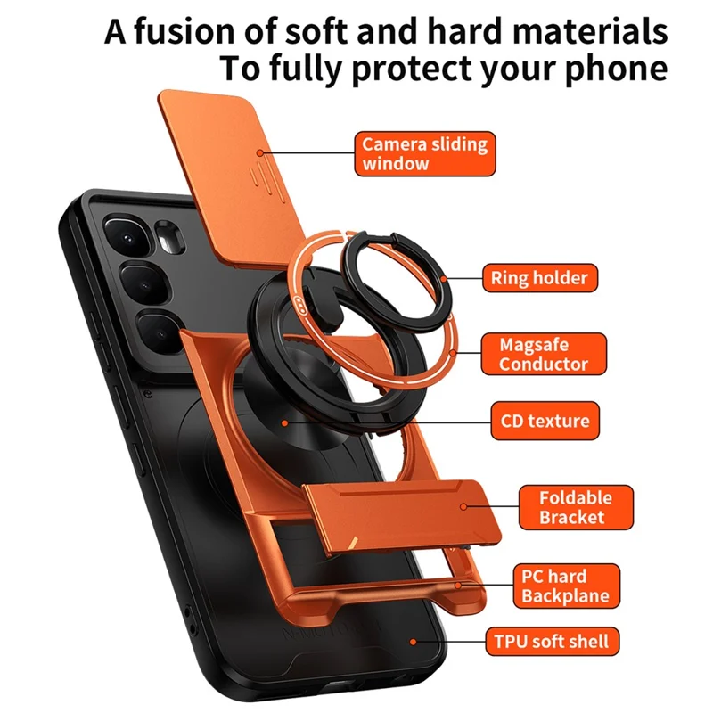 For Infinix Hot 60 Pro 4G Magnetic Case Ring Holder Foldable Kickstand TPU PC Phone Cover with Camera Lens Slider - Orange