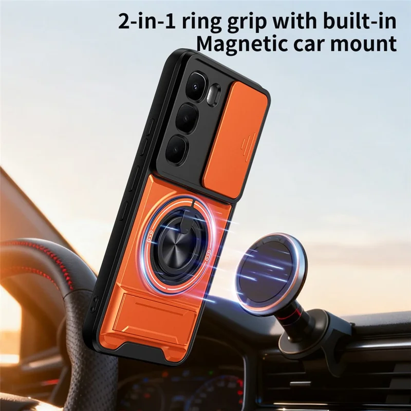 For Infinix Hot 60 Pro 4G Magnetic Case Ring Holder Foldable Kickstand TPU PC Phone Cover with Camera Lens Slider - Orange