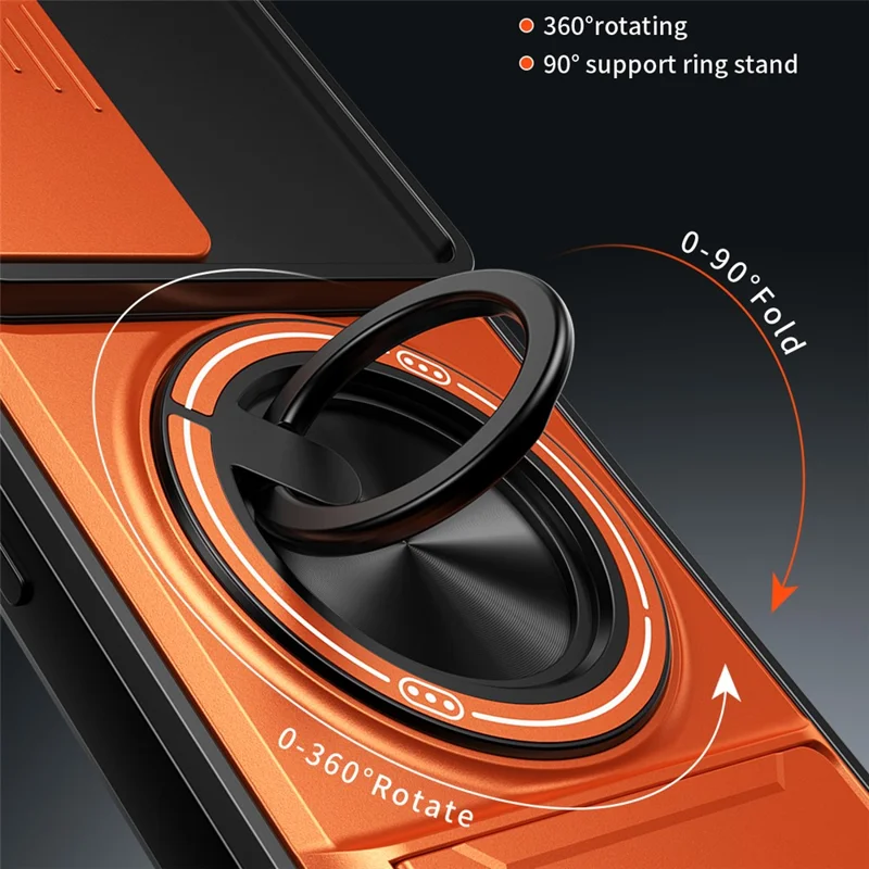 For Infinix Hot 60 Pro 4G Magnetic Case Ring Holder Foldable Kickstand TPU PC Phone Cover with Camera Lens Slider - Orange