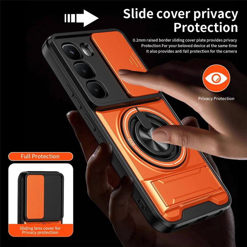 For Infinix Hot 60 Pro 4G Magnetic Case Ring Holder Foldable Kickstand TPU PC Phone Cover with Camera Lens Slider - Orange