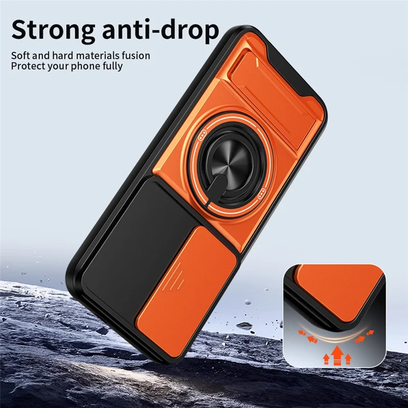 For Infinix Hot 60 Pro 4G Magnetic Case Ring Holder Foldable Kickstand TPU PC Phone Cover with Camera Lens Slider - Orange
