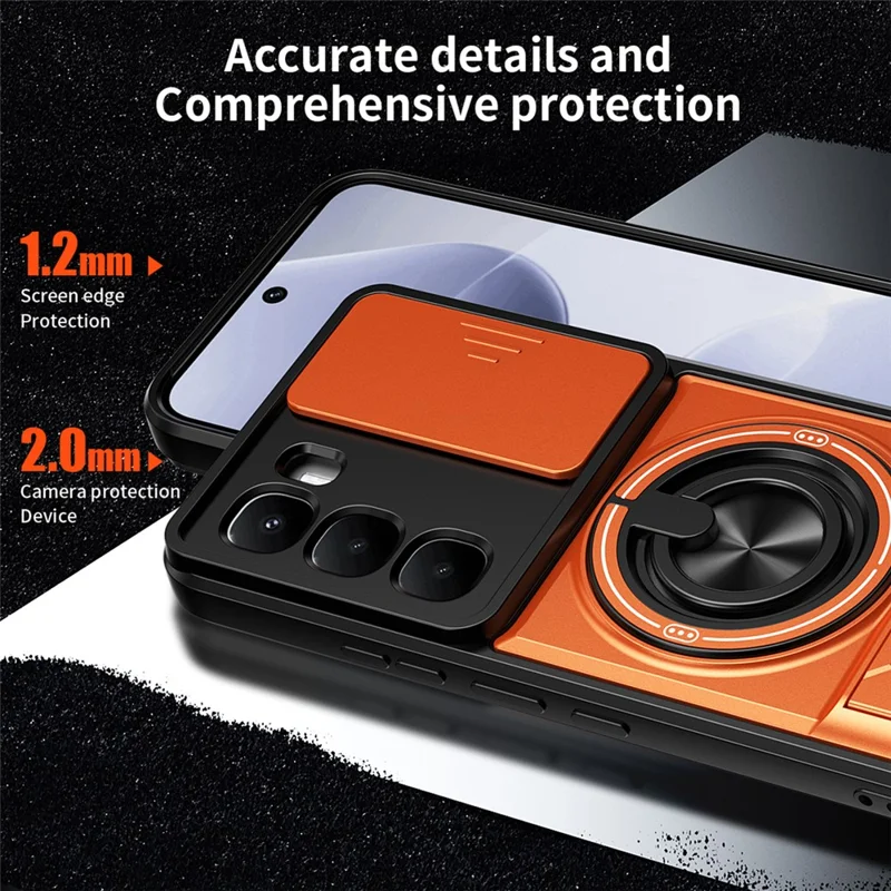 For Infinix Hot 60 Pro 4G Magnetic Case Ring Holder Foldable Kickstand TPU PC Phone Cover with Camera Lens Slider - Orange