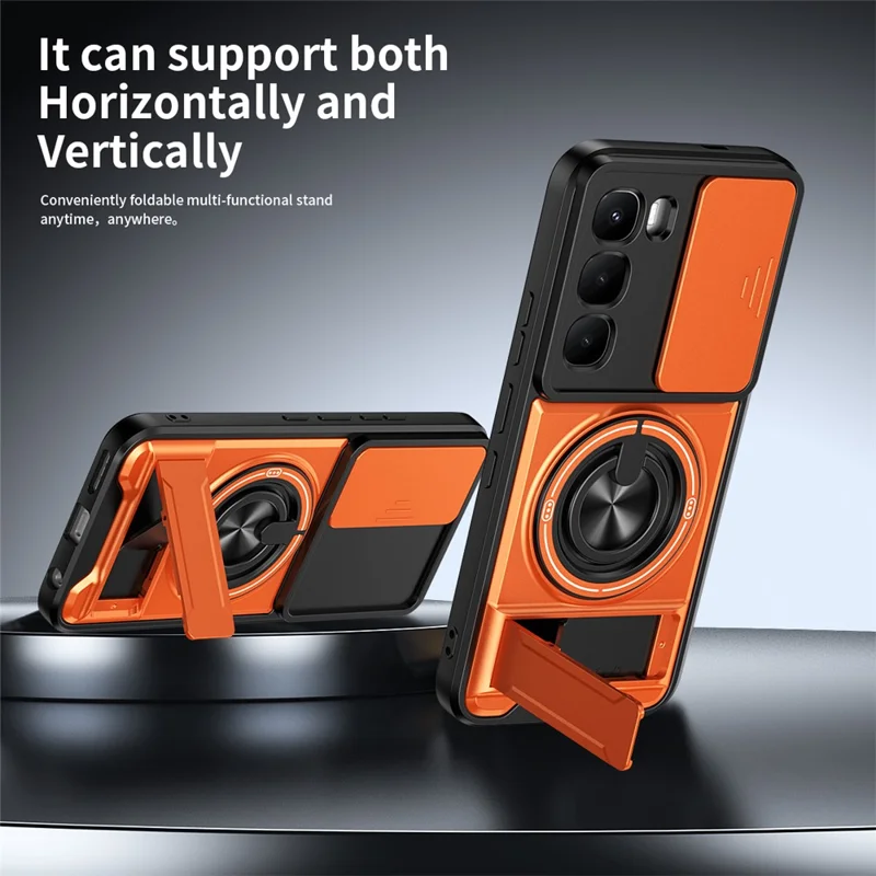 For Infinix Hot 60 Pro 4G Magnetic Case Ring Holder Foldable Kickstand TPU PC Phone Cover with Camera Lens Slider - Orange