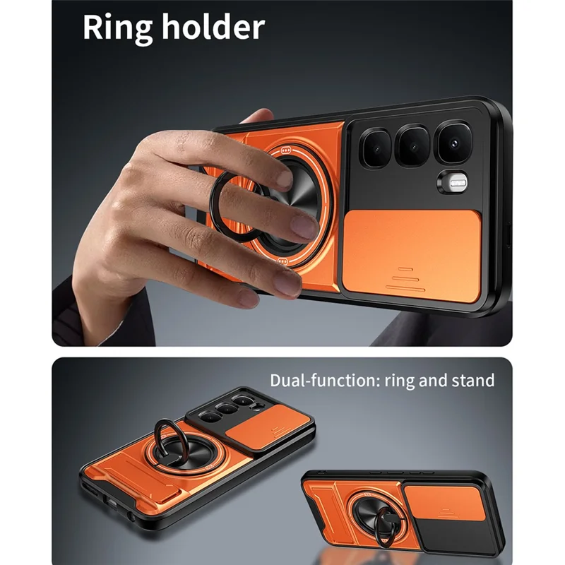 For Infinix Hot 60 Pro 4G Magnetic Case Ring Holder Foldable Kickstand TPU PC Phone Cover with Camera Lens Slider - Orange