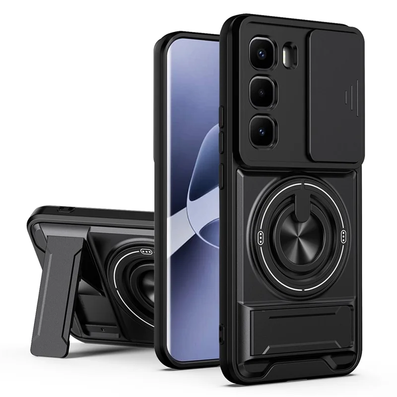 For Infinix Hot 60 Pro+ 4G Magnetic Case Ring Holder Foldable Kickstand TPU PC Phone Cover with Camera Lens Slider - Black