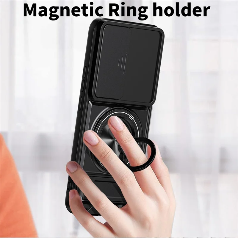 For Infinix Hot 60 Pro+ 4G Magnetic Case Ring Holder Foldable Kickstand TPU PC Phone Cover with Camera Lens Slider - Black