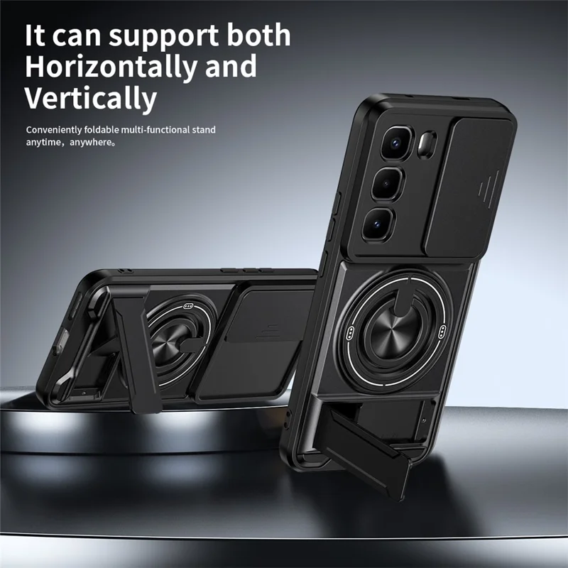 For Infinix Hot 60 Pro+ 4G Magnetic Case Ring Holder Foldable Kickstand TPU PC Phone Cover with Camera Lens Slider - Black
