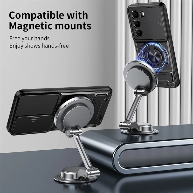 For Infinix Hot 60 Pro+ 4G Magnetic Case Ring Holder Foldable Kickstand TPU PC Phone Cover with Camera Lens Slider - Black