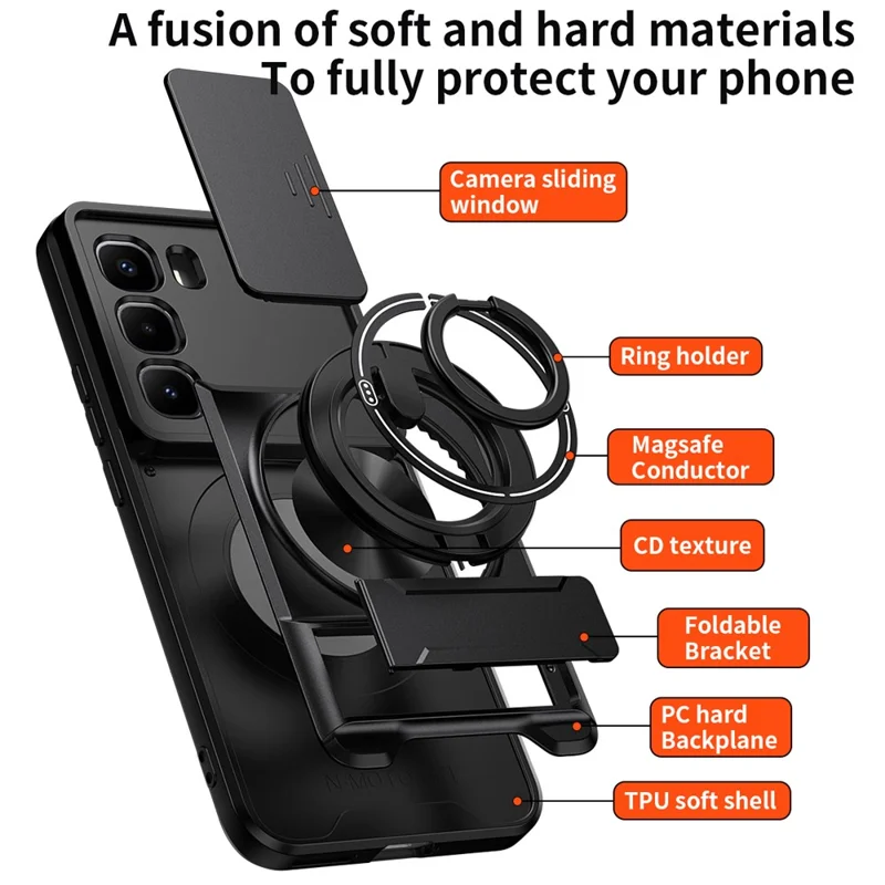 For Infinix Hot 60 Pro+ 4G Magnetic Case Ring Holder Foldable Kickstand TPU PC Phone Cover with Camera Lens Slider - Black