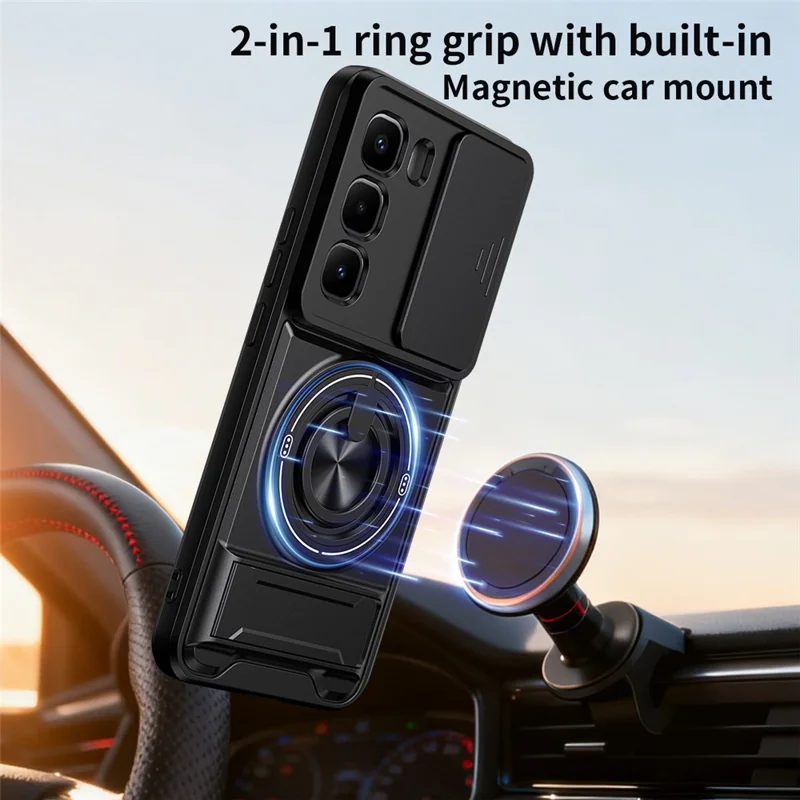 For Infinix Hot 60 Pro+ 4G Magnetic Case Ring Holder Foldable Kickstand TPU PC Phone Cover with Camera Lens Slider - Black