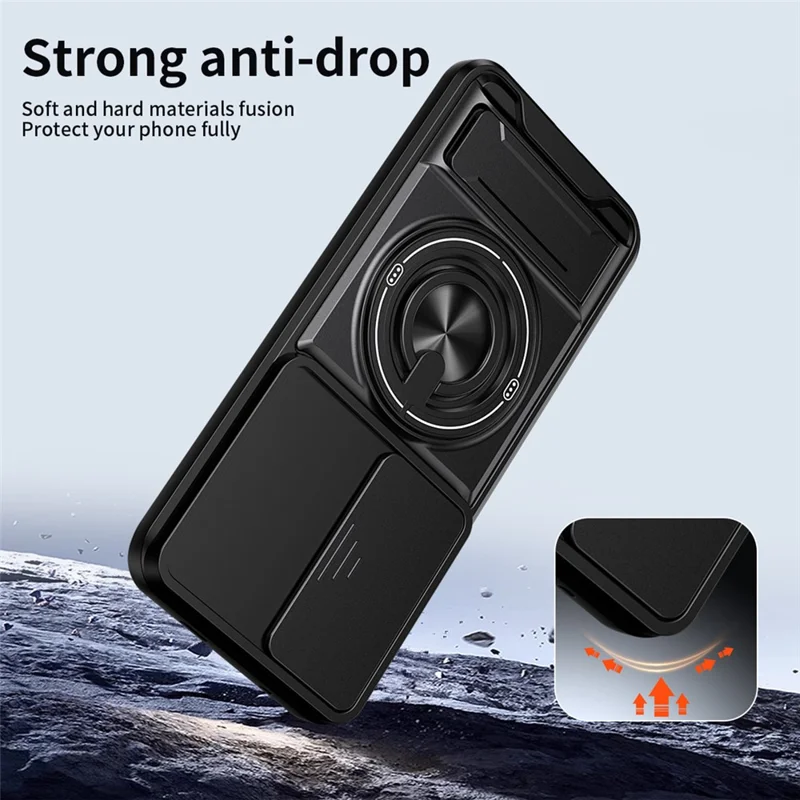 For Infinix Hot 60 Pro+ 4G Magnetic Case Ring Holder Foldable Kickstand TPU PC Phone Cover with Camera Lens Slider - Black