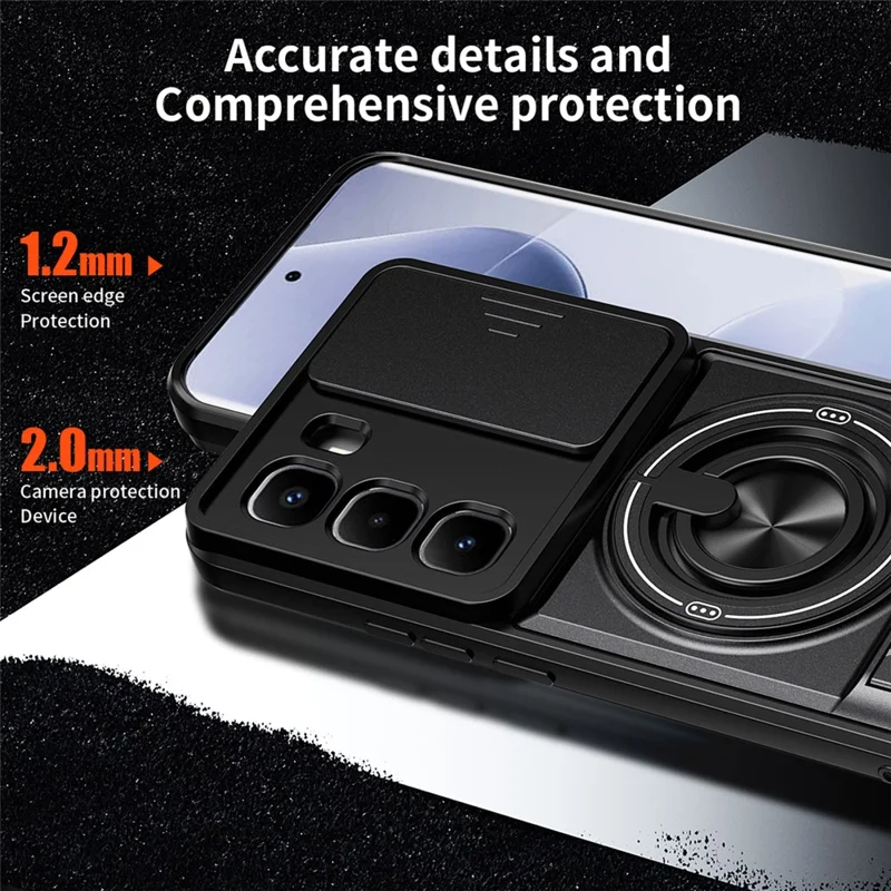 For Infinix Hot 60 Pro+ 4G Magnetic Case Ring Holder Foldable Kickstand TPU PC Phone Cover with Camera Lens Slider - Black
