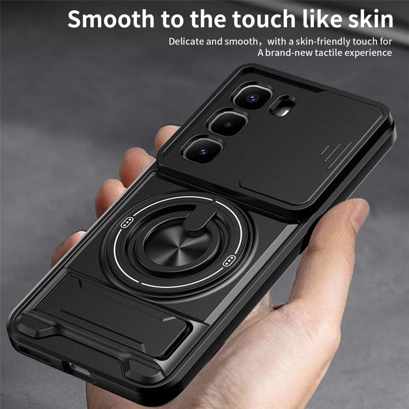 For Infinix Hot 60 Pro+ 4G Magnetic Case Ring Holder Foldable Kickstand TPU PC Phone Cover with Camera Lens Slider - Black