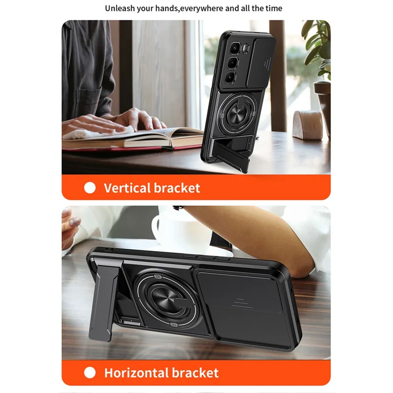 For Infinix Hot 60 Pro+ 4G Magnetic Case Ring Holder Foldable Kickstand TPU PC Phone Cover with Camera Lens Slider - Black