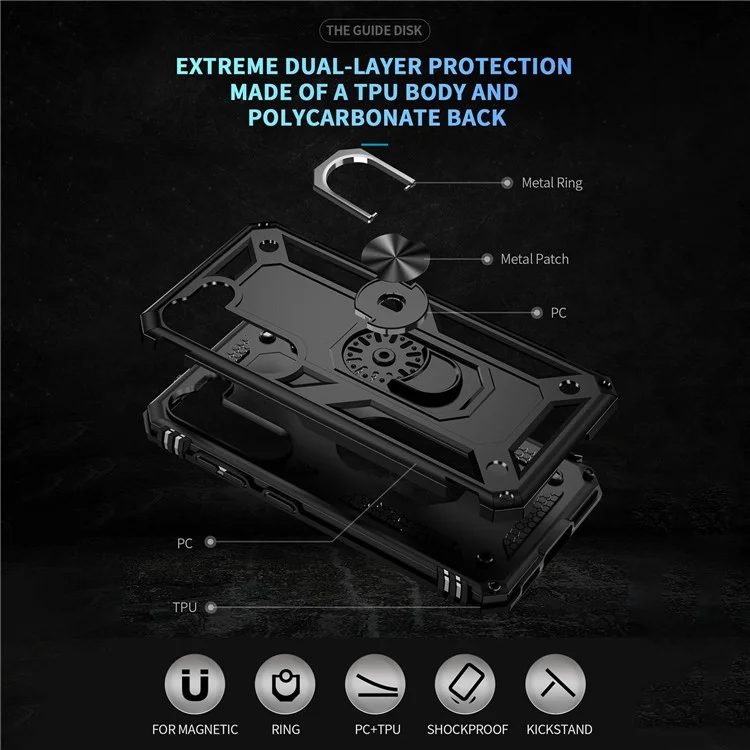 Para Samsung Galaxy S23 Funda de Grado Militar Resistente a Golpes con Anillo y Soporte Diseño PC + Cubierta Trasera de TPU - Negro