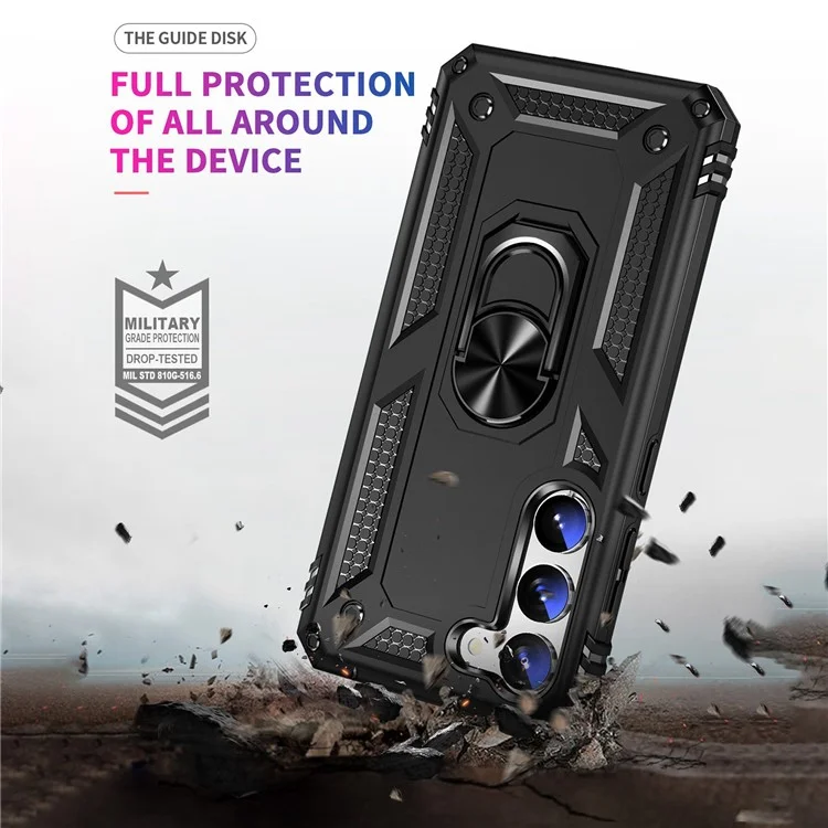 Para Samsung Galaxy S23 Funda de Grado Militar Resistente a Golpes con Anillo y Soporte Diseño PC + Cubierta Trasera de TPU - Negro