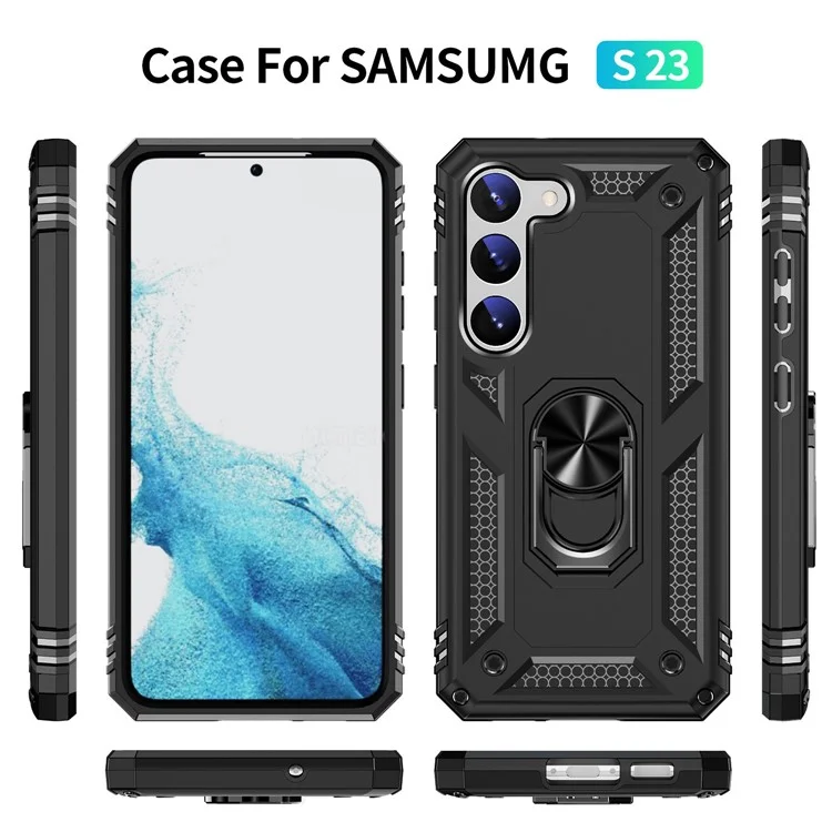 Para Samsung Galaxy S23 Funda de Grado Militar Resistente a Golpes con Anillo y Soporte Diseño PC + Cubierta Trasera de TPU - Negro