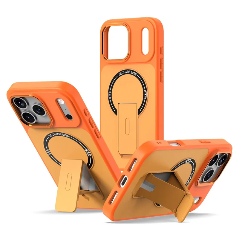 Coque pour iPhone 17 Pro Max compatible MagSafe avec support rabattable antichoc, housse arrière en TPU + PC - Orange