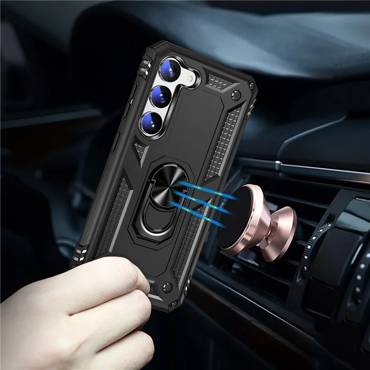 For Samsung Galaxy S23+ Fall-proof Military Grade Case Ring Kickstand Design PC + TPU Back Cover - Black