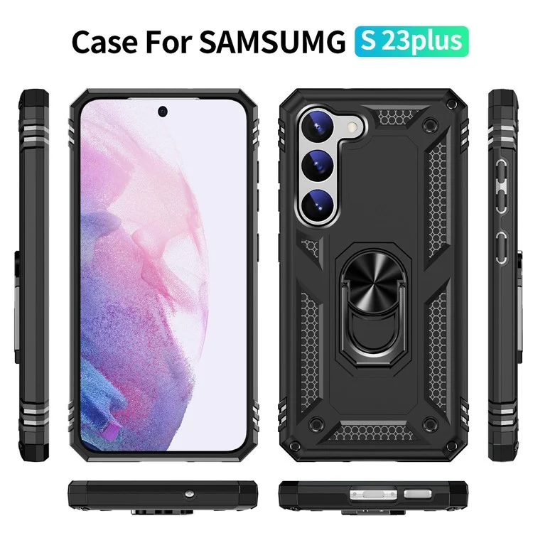 For Samsung Galaxy S23+ Fall-proof Military Grade Case Ring Kickstand Design PC + TPU Back Cover - Black