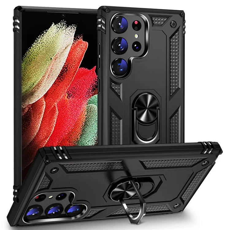 Per Samsung Galaxy S23 Ultra Custodia militare Anello Kickstand Design PC + TPU Hybrid Shell Back Cover - Nero