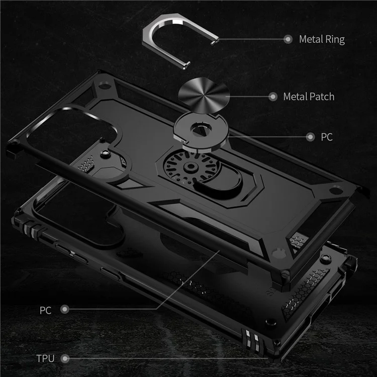 For Samsung Galaxy S23 Ultra Military Grade Case Ring Kickstand Design PC + TPU Hybrid Shell Back Cover - Black