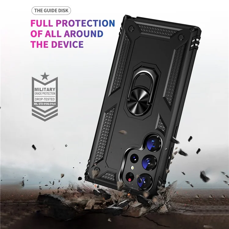 For Samsung Galaxy S23 Ultra Military Grade Case Ring Kickstand Design PC + TPU Hybrid Shell Back Cover - Black