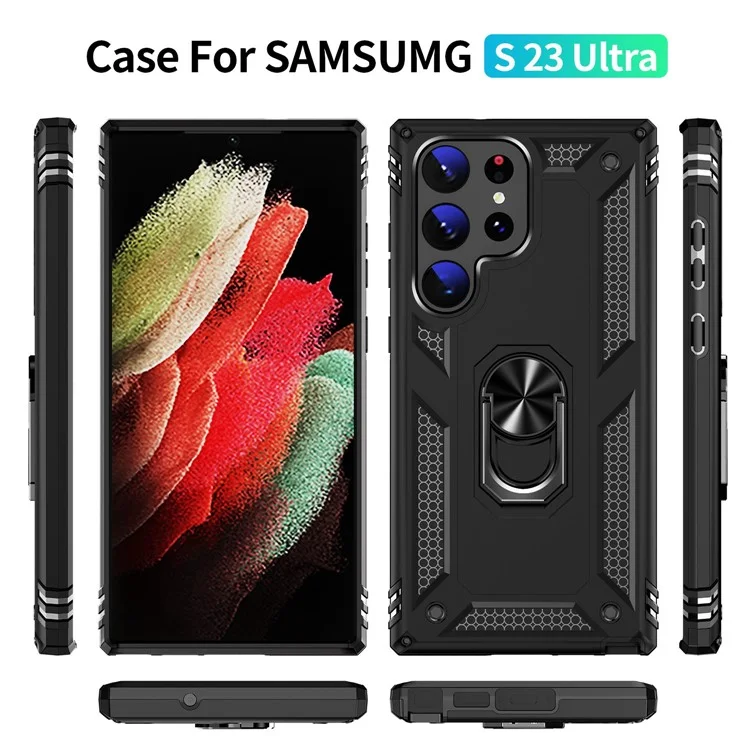 For Samsung Galaxy S23 Ultra Military Grade Case Ring Kickstand Design PC + TPU Hybrid Shell Back Cover - Black