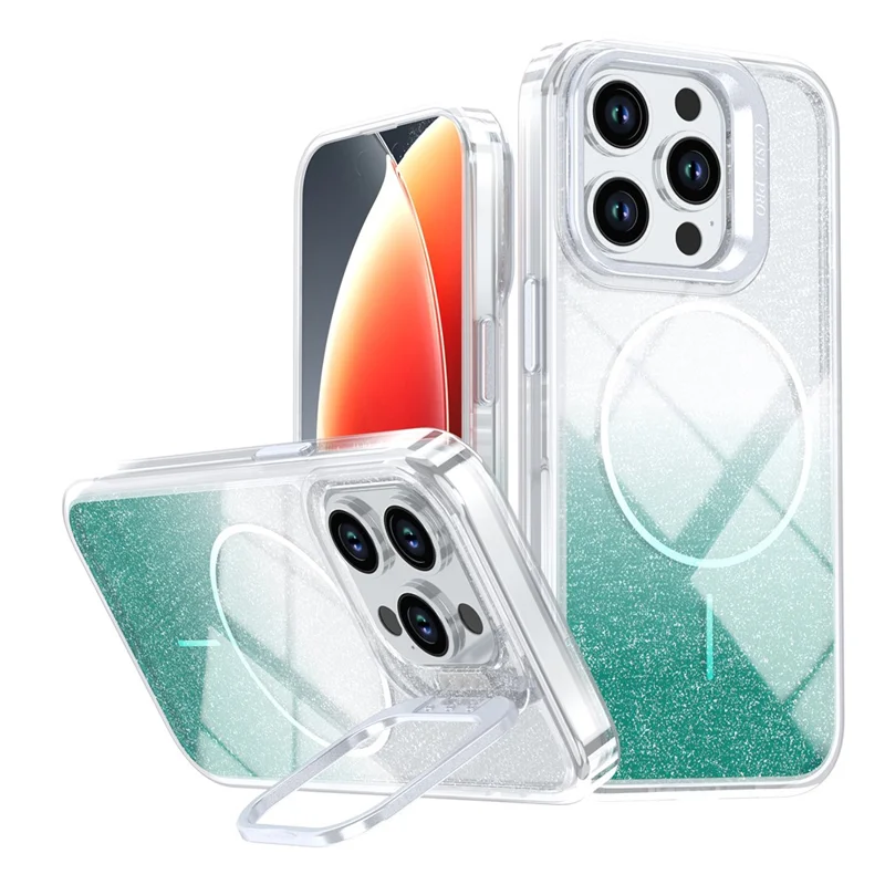 For iPhone 13 Pro Magnetic Case Gradient Glitter Shockproof TPU PC Phone Cover Compatible with MagSafe - Lake Green