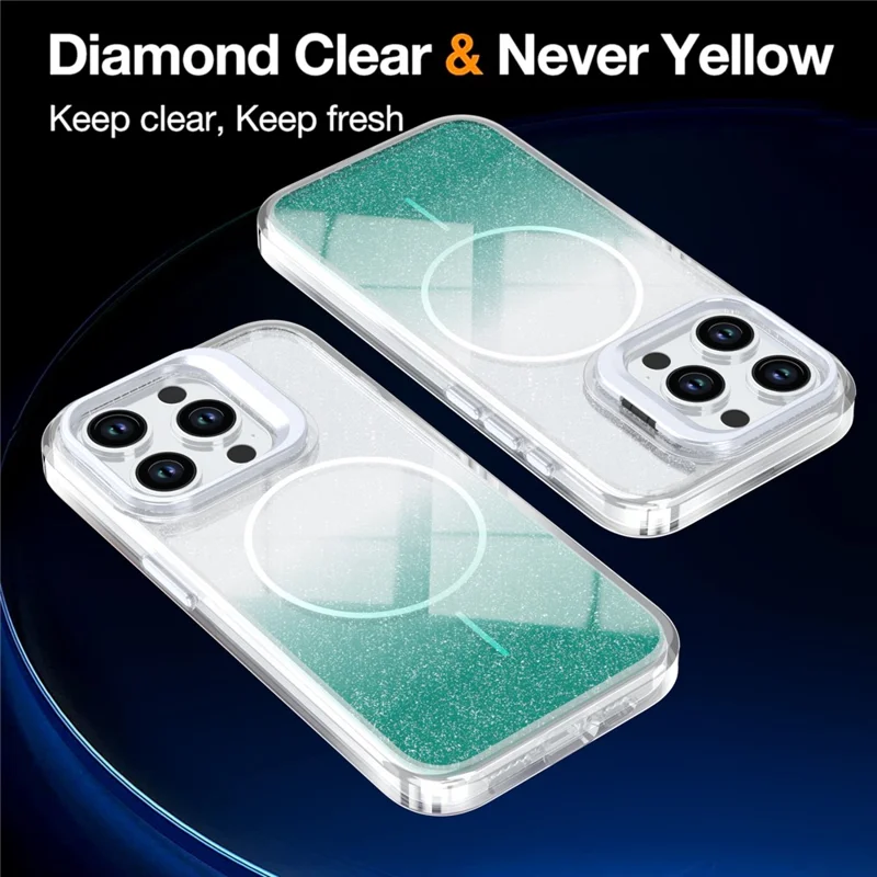 For iPhone 13 Pro Magnetic Case Gradient Glitter Shockproof TPU PC Phone Cover Compatible with MagSafe - Lake Green