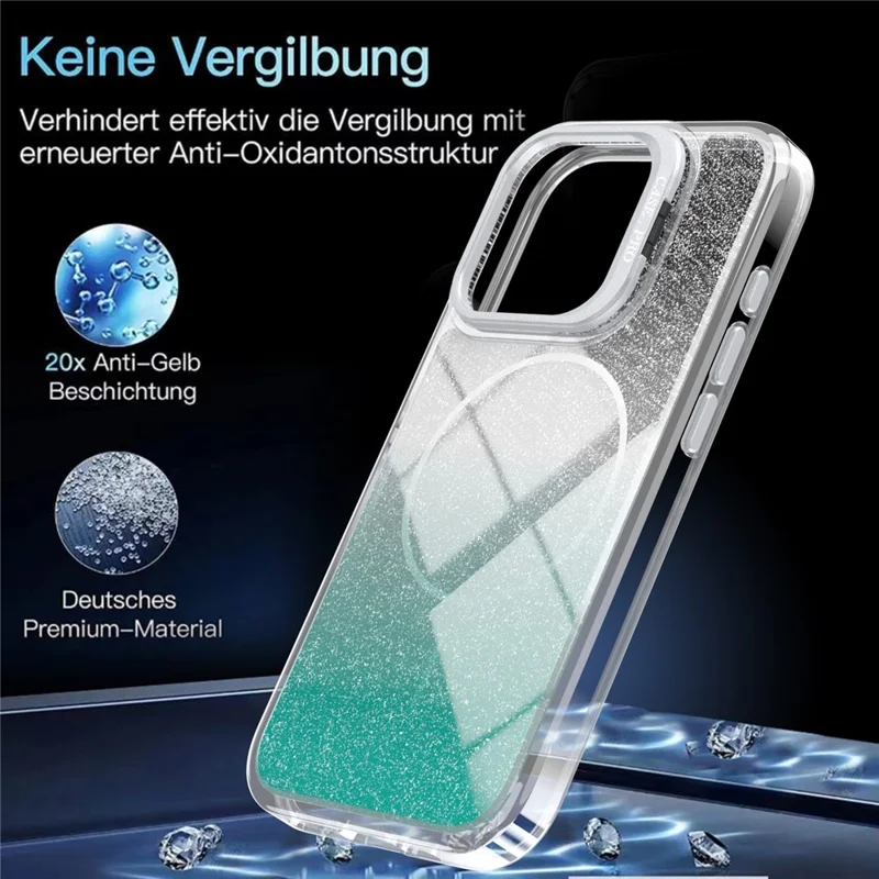 For iPhone 13 Pro Magnetic Case Gradient Glitter Shockproof TPU PC Phone Cover Compatible with MagSafe - Lake Green