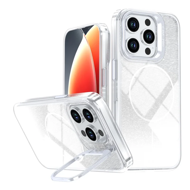 For iPhone 14 Pro Magnetic Case Gradient Glitter Shockproof TPU PC Phone Cover Compatible with MagSafe - White