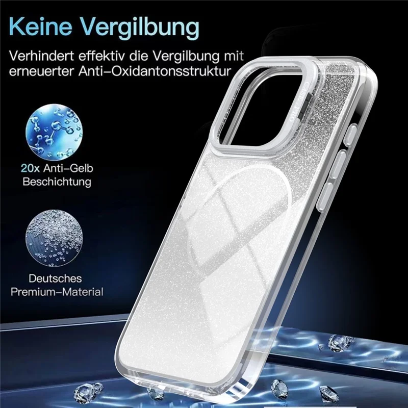 For iPhone 14 Pro Magnetic Case Gradient Glitter Shockproof TPU PC Phone Cover Compatible with MagSafe - White