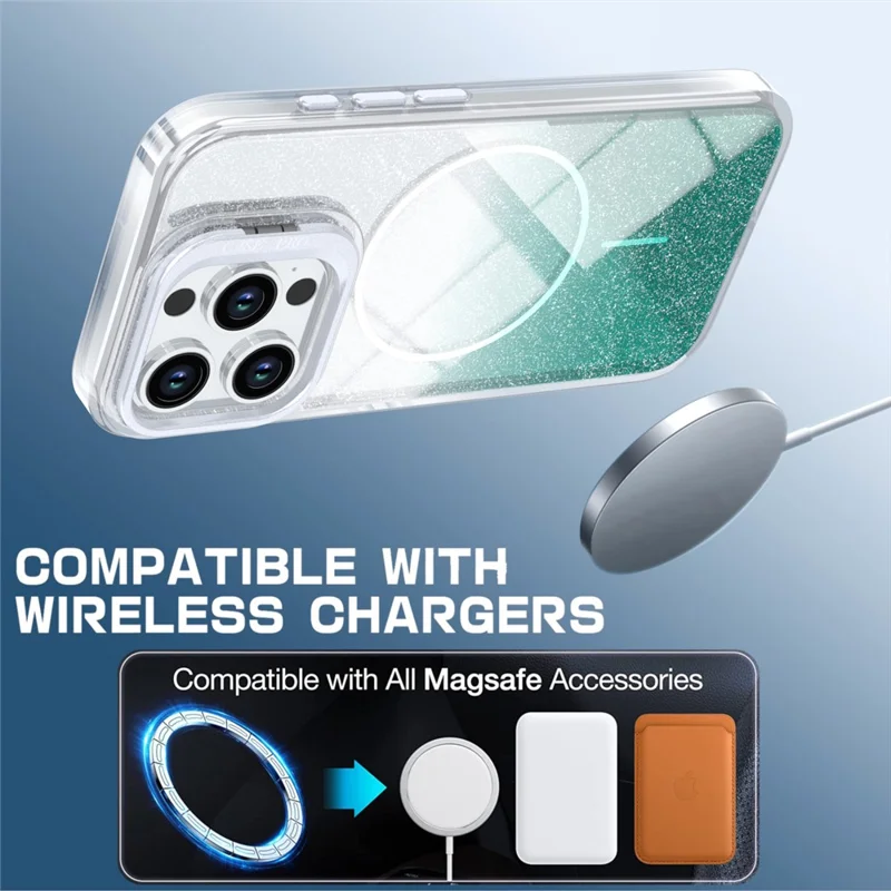 For iPhone 14 Pro Max Magnetic Case Gradient Glitter Shockproof TPU PC Phone Cover Compatible with MagSafe - Lake Green
