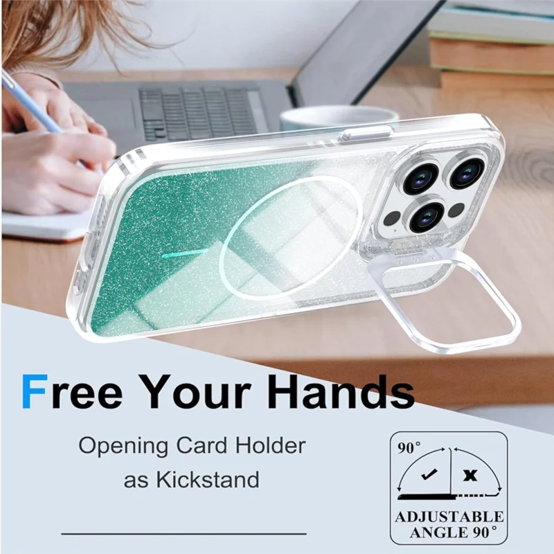 For iPhone 14 Pro Max Magnetic Case Gradient Glitter Shockproof TPU PC Phone Cover Compatible with MagSafe - Lake Green