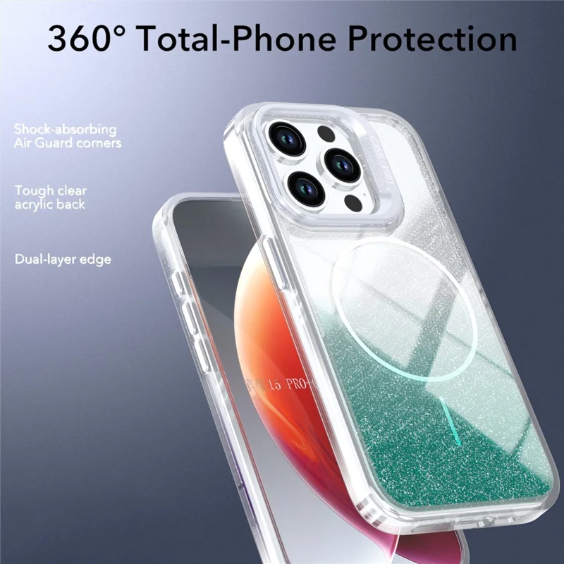 For iPhone 14 Pro Max Magnetic Case Gradient Glitter Shockproof TPU PC Phone Cover Compatible with MagSafe - Lake Green