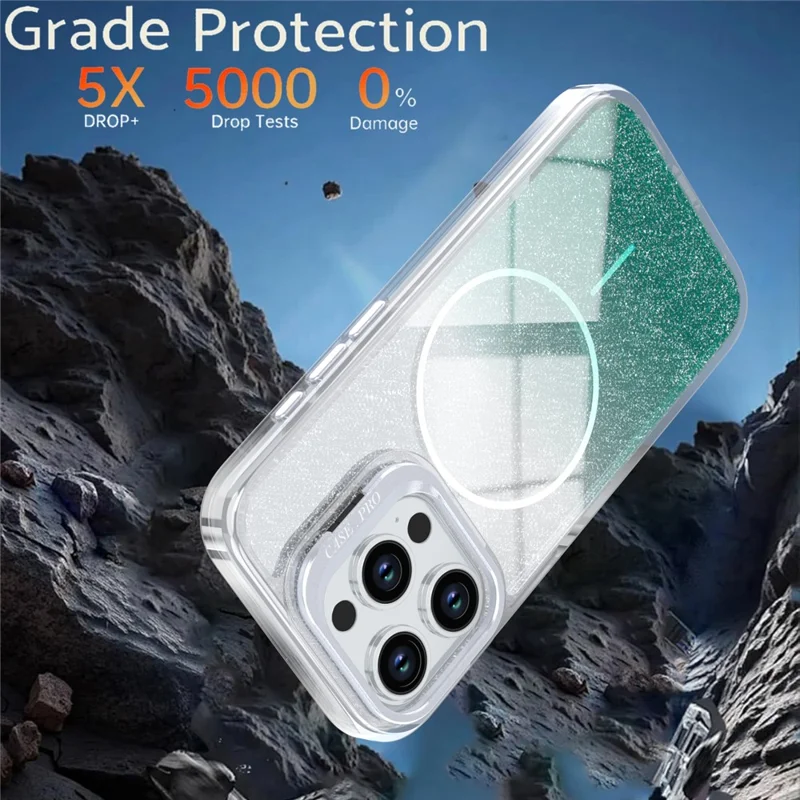 For iPhone 14 Pro Max Magnetic Case Gradient Glitter Shockproof TPU PC Phone Cover Compatible with MagSafe - Lake Green