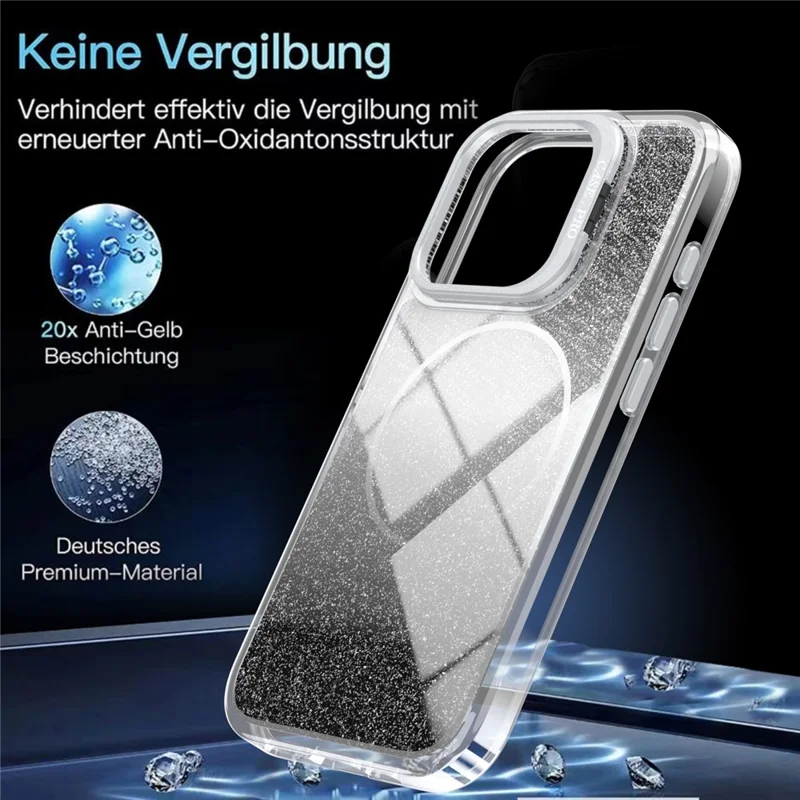 For iPhone 15 Pro Magnetic Case Gradient Glitter Shockproof TPU PC Phone Cover Compatible with MagSafe - Black