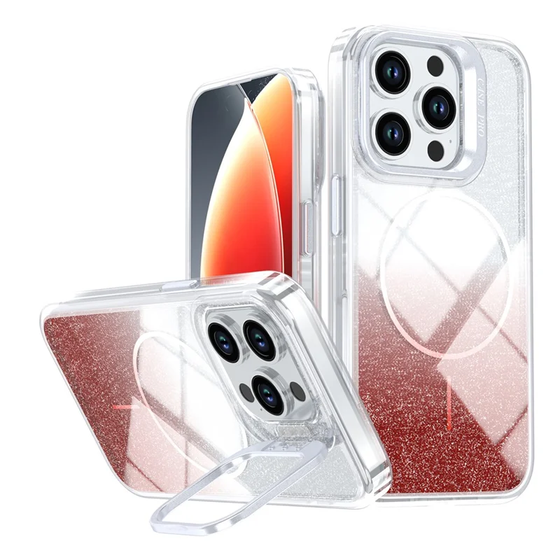 For iPhone 15 Pro Max Magnetic Case Gradient Glitter Shockproof TPU PC Phone Cover Compatible with MagSafe - Orange