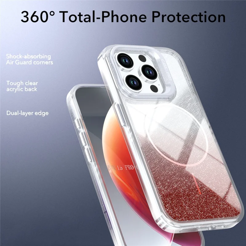 For iPhone 15 Pro Max Magnetic Case Gradient Glitter Shockproof TPU PC Phone Cover Compatible with MagSafe - Orange