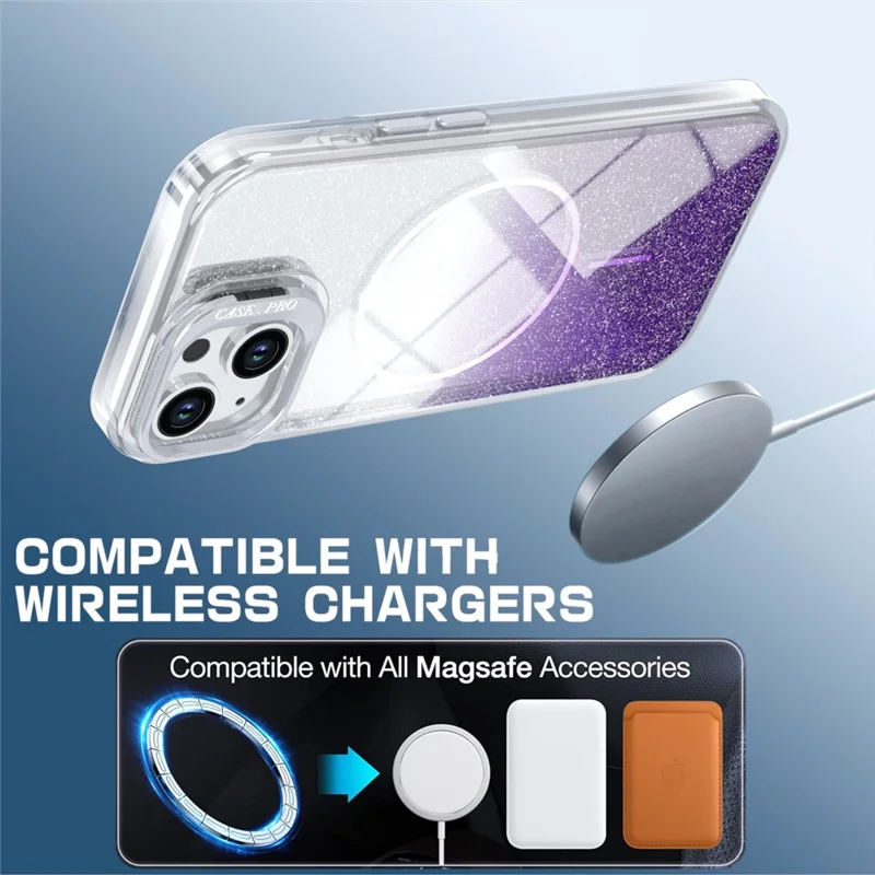 For iPhone 15 Magnetic Case Gradient Glitter Shockproof TPU PC Phone Cover Compatible with MagSafe - Purple