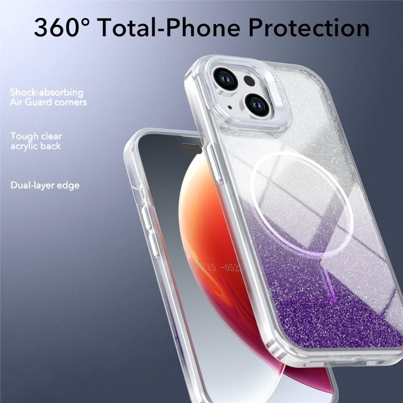 For iPhone 15 Magnetic Case Gradient Glitter Shockproof TPU PC Phone Cover Compatible with MagSafe - Purple