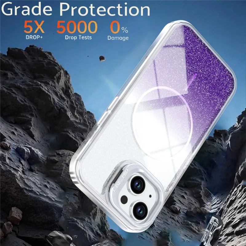 For iPhone 15 Magnetic Case Gradient Glitter Shockproof TPU PC Phone Cover Compatible with MagSafe - Purple