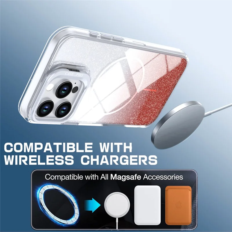For iPhone 16 Pro Magnetic Case Gradient Glitter Shockproof TPU PC Phone Cover Compatible with MagSafe - Orange