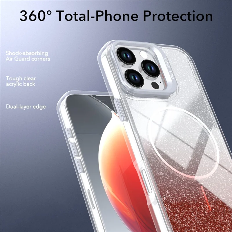 For iPhone 16 Pro Magnetic Case Gradient Glitter Shockproof TPU PC Phone Cover Compatible with MagSafe - Orange